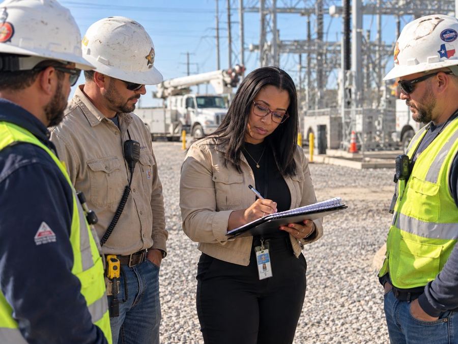 Meshayla Kemp taking notes with utility field crew members at an electrical substation